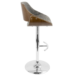 Fabrizzi Mid-Century Modern Adjustable Barstool with Swivel in Chrome Metal, Walnut Wood and Grey Noise Fabric with Rounded T Footrest by LumiSource - Set of 3