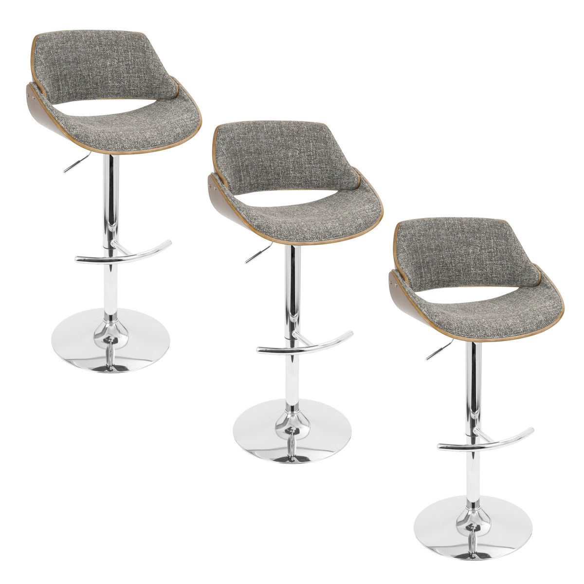 Fabrizzi Mid-Century Modern Adjustable Barstool with Swivel in Chrome Metal, Walnut Wood and Grey Noise Fabric with Rounded T Footrest by LumiSource - Set of 3