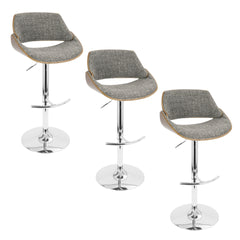 Fabrizzi Mid-Century Modern Adjustable Barstool with Swivel in Chrome Metal, Walnut Wood and Grey Noise Fabric with Rounded T Footrest by LumiSource - Set of 3