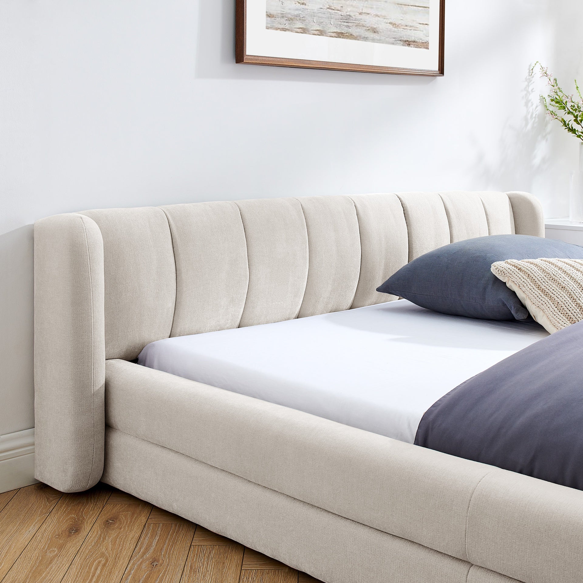 Queen Size Upholstered Bed Frame with Thick Fabric, Chenille Fabric Grounded Queen Size Platform Bed with Headboard and Solid Frame-Beige(87''*67''*23.5'')