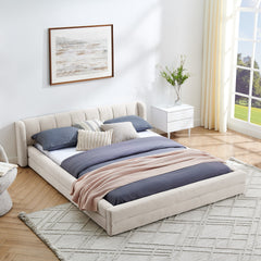 Queen Size Upholstered Bed Frame with Thick Fabric, Chenille Fabric Grounded Queen Size Platform Bed with Headboard and Solid Frame-Beige(87''*67''*23.5'')