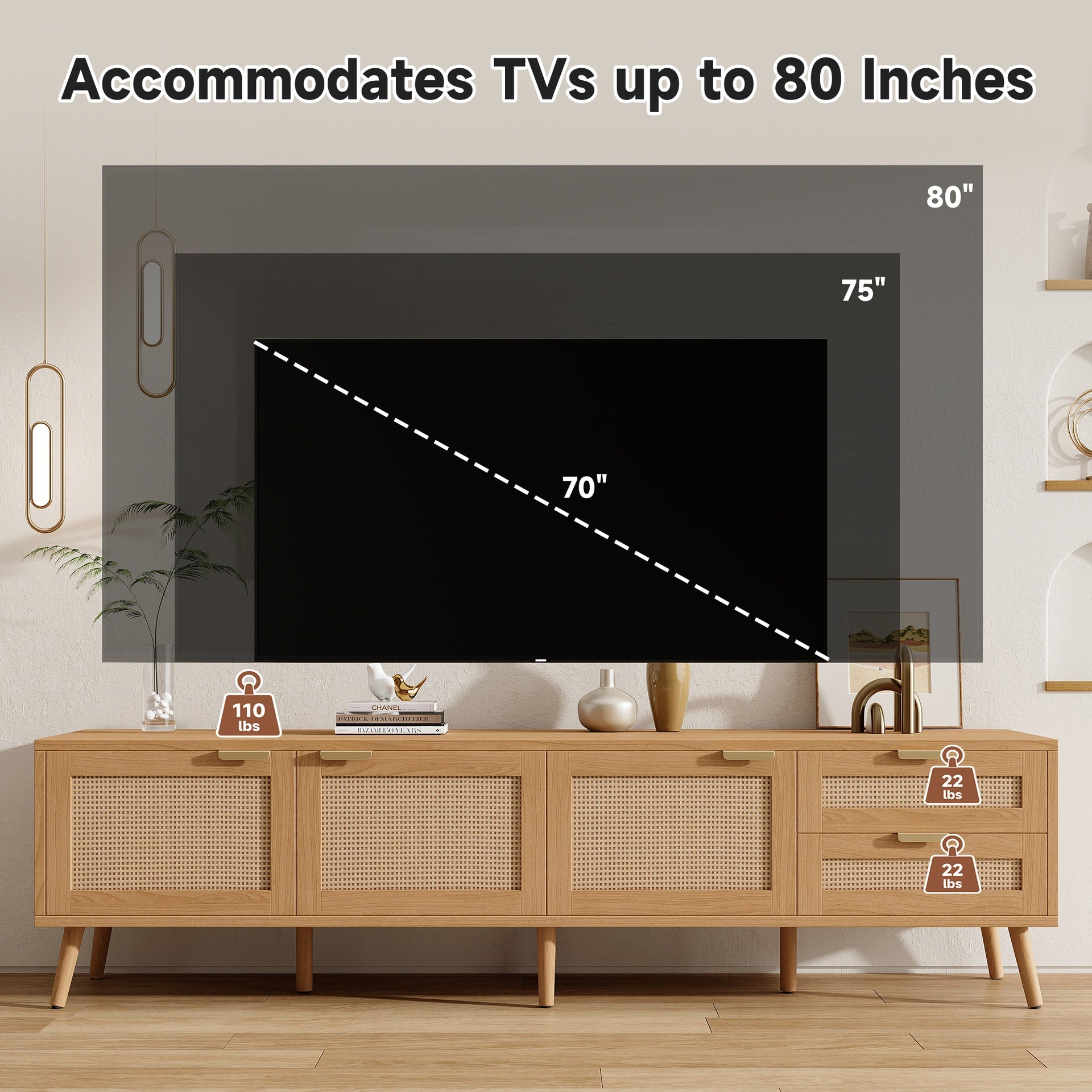 70inch Modern TV Stand with Rattan Doors for TVs up to 80", Media Console with Storage Space, 2 Drawers & Cable Holes, Entertainment Center for Living Room