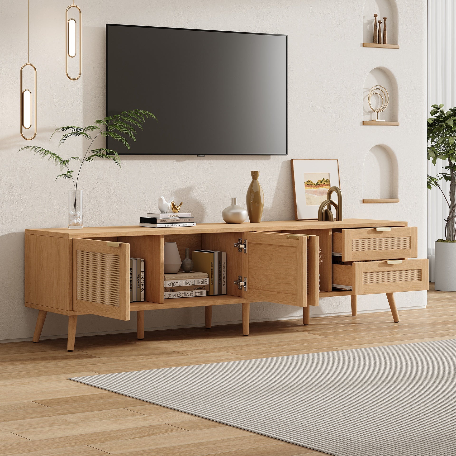 70inch Modern TV Stand with Rattan Doors for TVs up to 80", Media Console with Storage Space, 2 Drawers & Cable Holes, Entertainment Center for Living Room