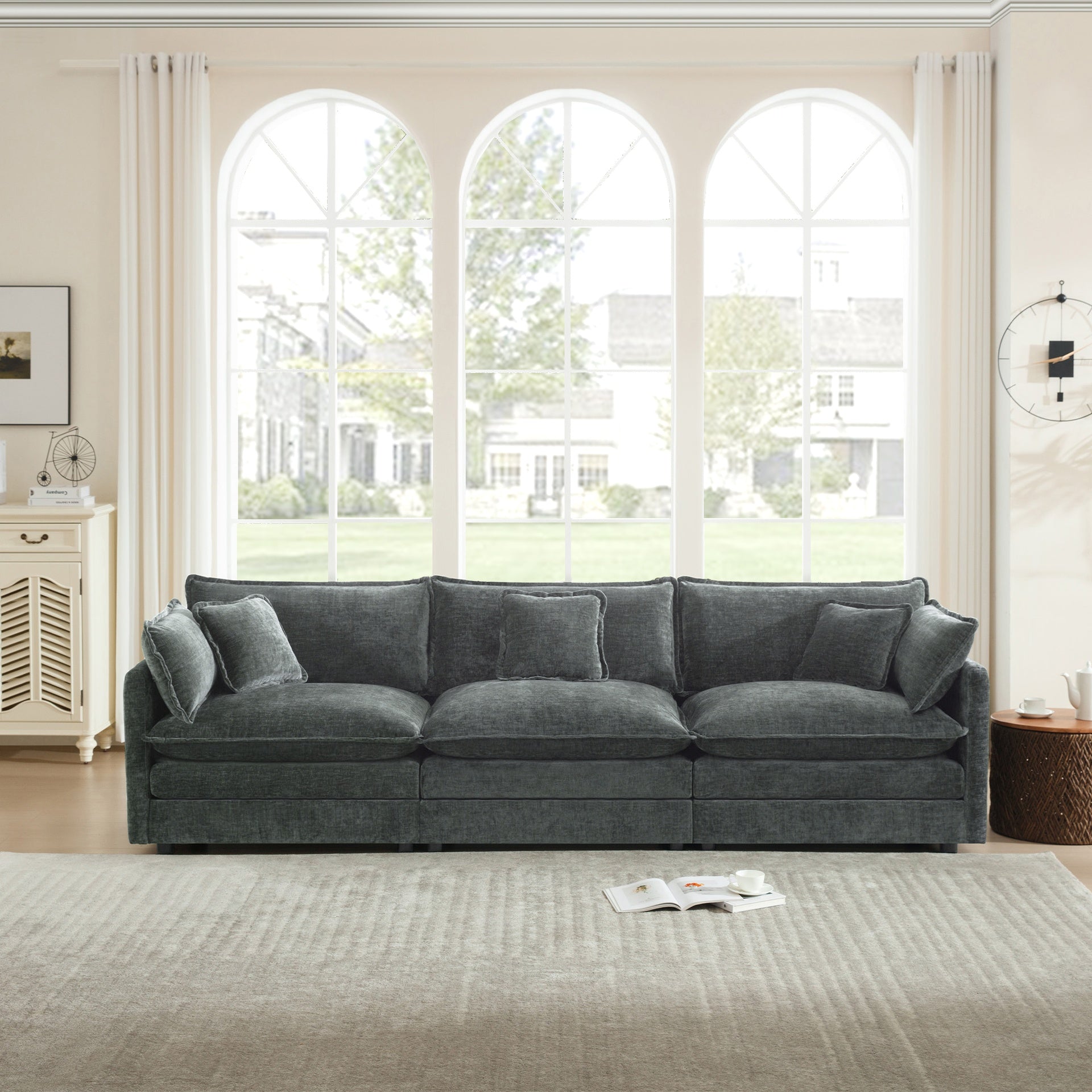 Mid-Century Modern Couch 3-Seater Sofa with 2 Armrest Pillows and 3 Toss Pillows, Couch for Living Room Gray Chenille