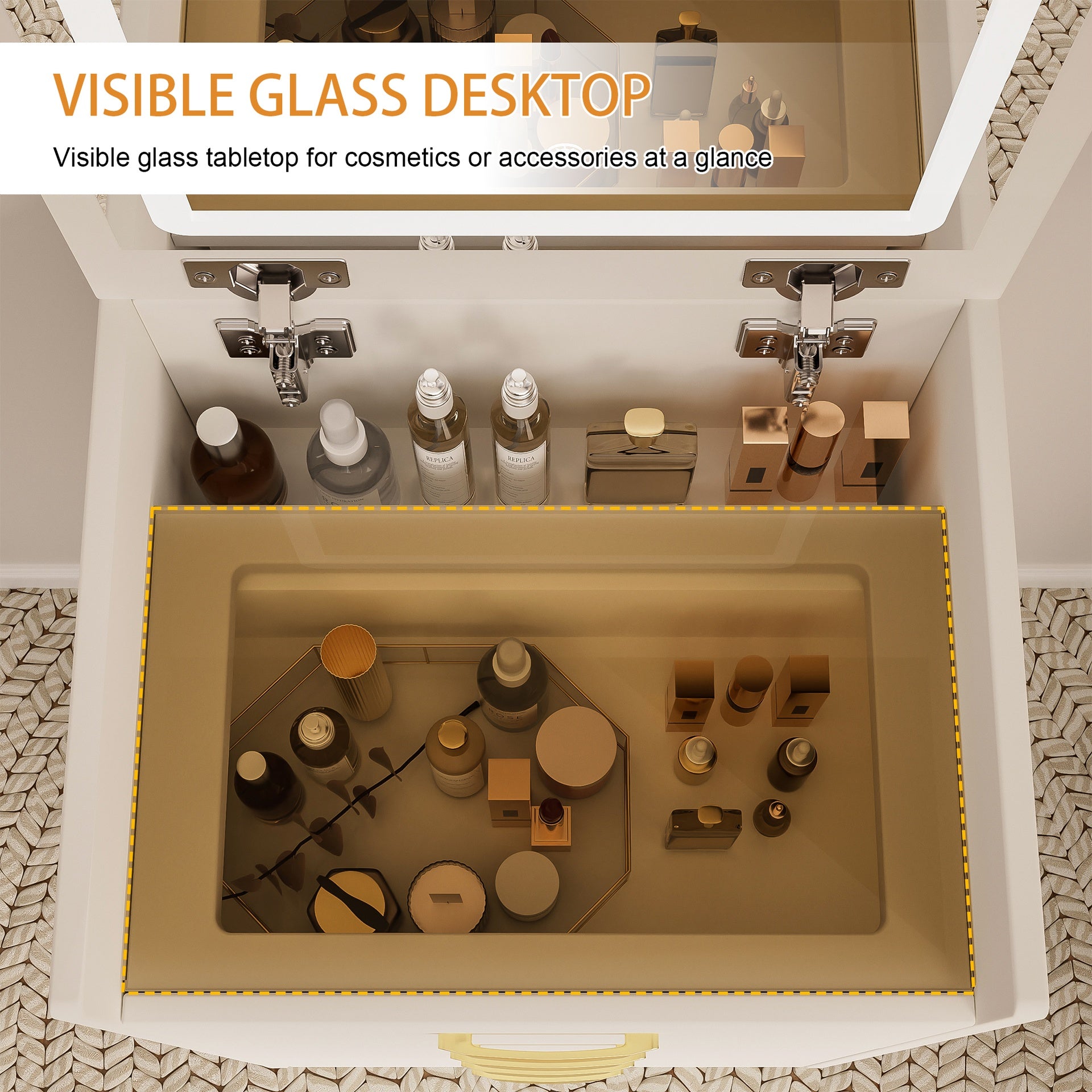 3 in 1 Vanity Desk with open Top Mirror,Small Make Up Vanity Set with Visible Glass Desktop,Compact Makeup Vanity with 3 Drawers,Dressing Table for Bedroom