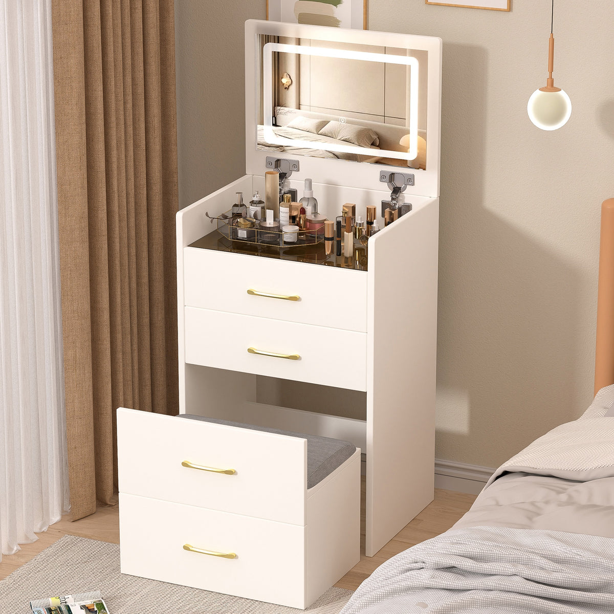 3 in 1 Vanity Desk with open Top Mirror,Small Make Up Vanity Set with Visible Glass Desktop,Compact Makeup Vanity with 3 Drawers,Dressing Table for Bedroom