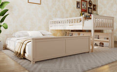 Twin XL over Queen Bunk Bed with Integrated Shelving, Color-Changing Lights and Pegboard, Beige