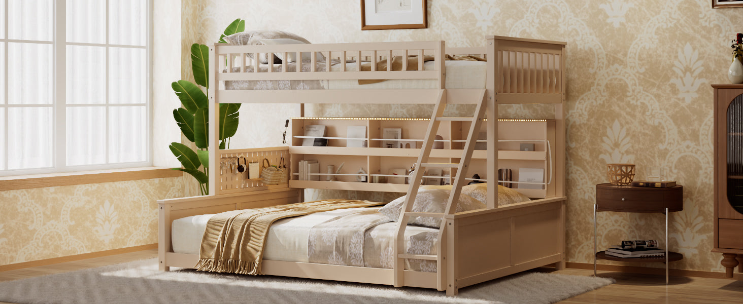 Twin XL over Queen Bunk Bed with Integrated Shelving, Color-Changing Lights and Pegboard, Beige