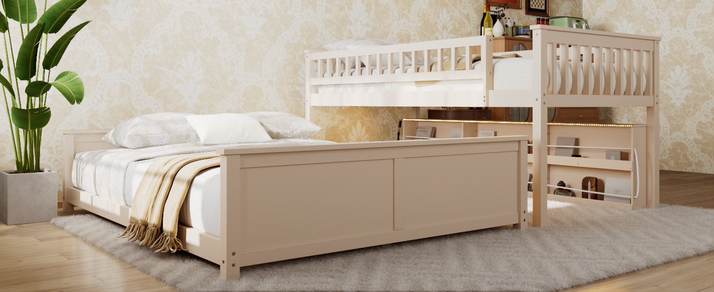 Twin XL over Queen Bunk Bed with Integrated Shelving, Color-Changing Lights and Pegboard, Beige