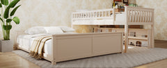 Twin XL over Queen Bunk Bed with Integrated Shelving, Color-Changing Lights and Pegboard, Beige