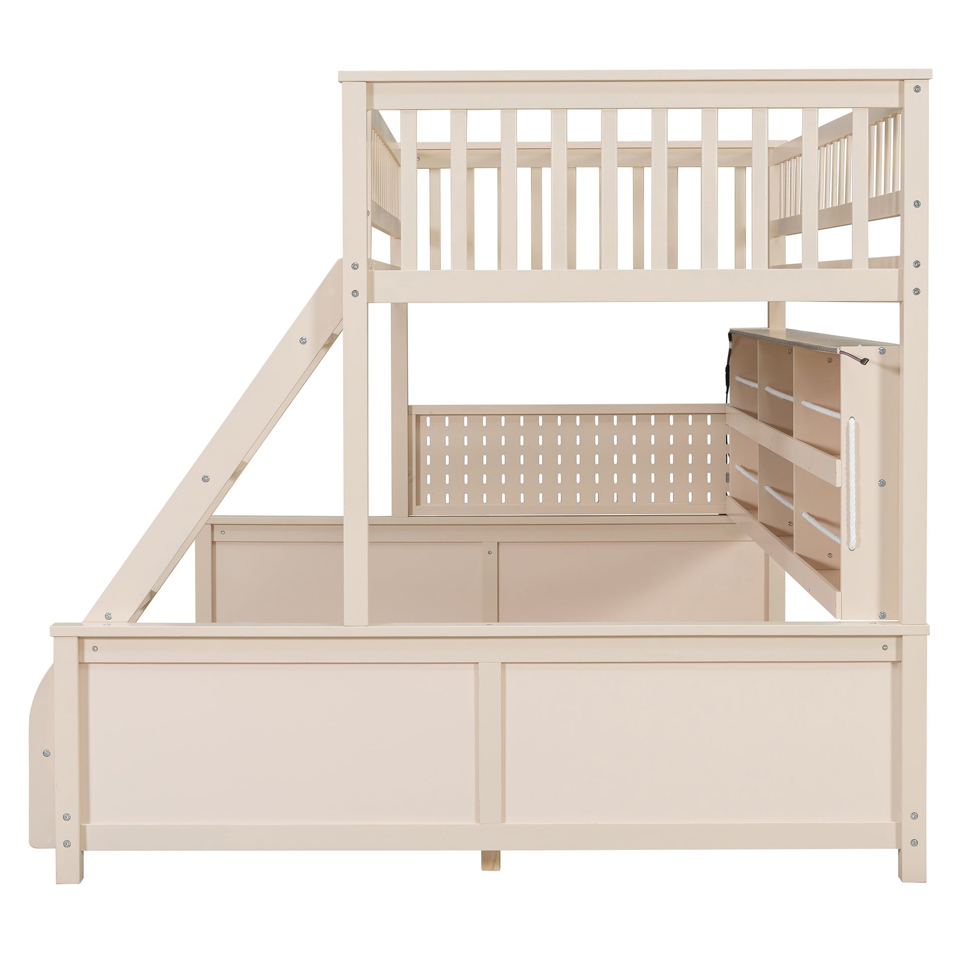 Twin XL over Queen Bunk Bed with Integrated Shelving, Color-Changing Lights and Pegboard, Beige