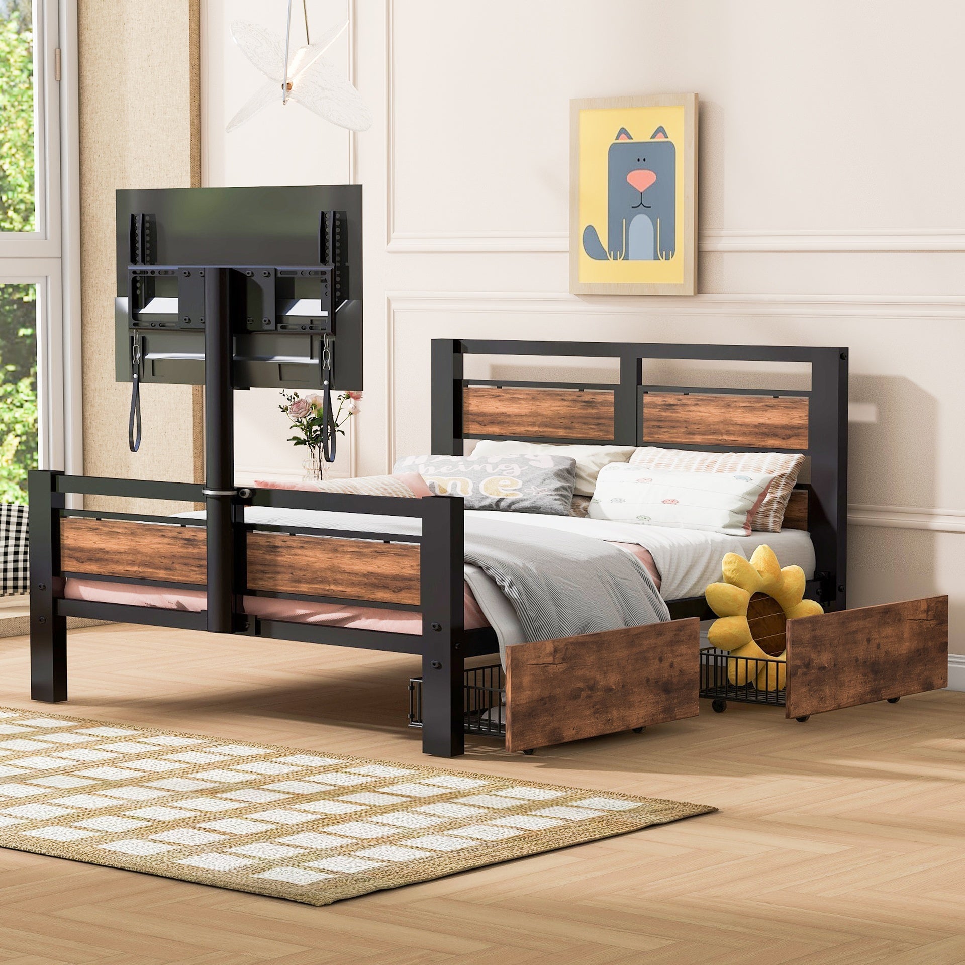 Twin Size Metal Platform Bed with MDF Headboard and Footboard,Two Storage Drawers and Rotatable TV Stand,Black
