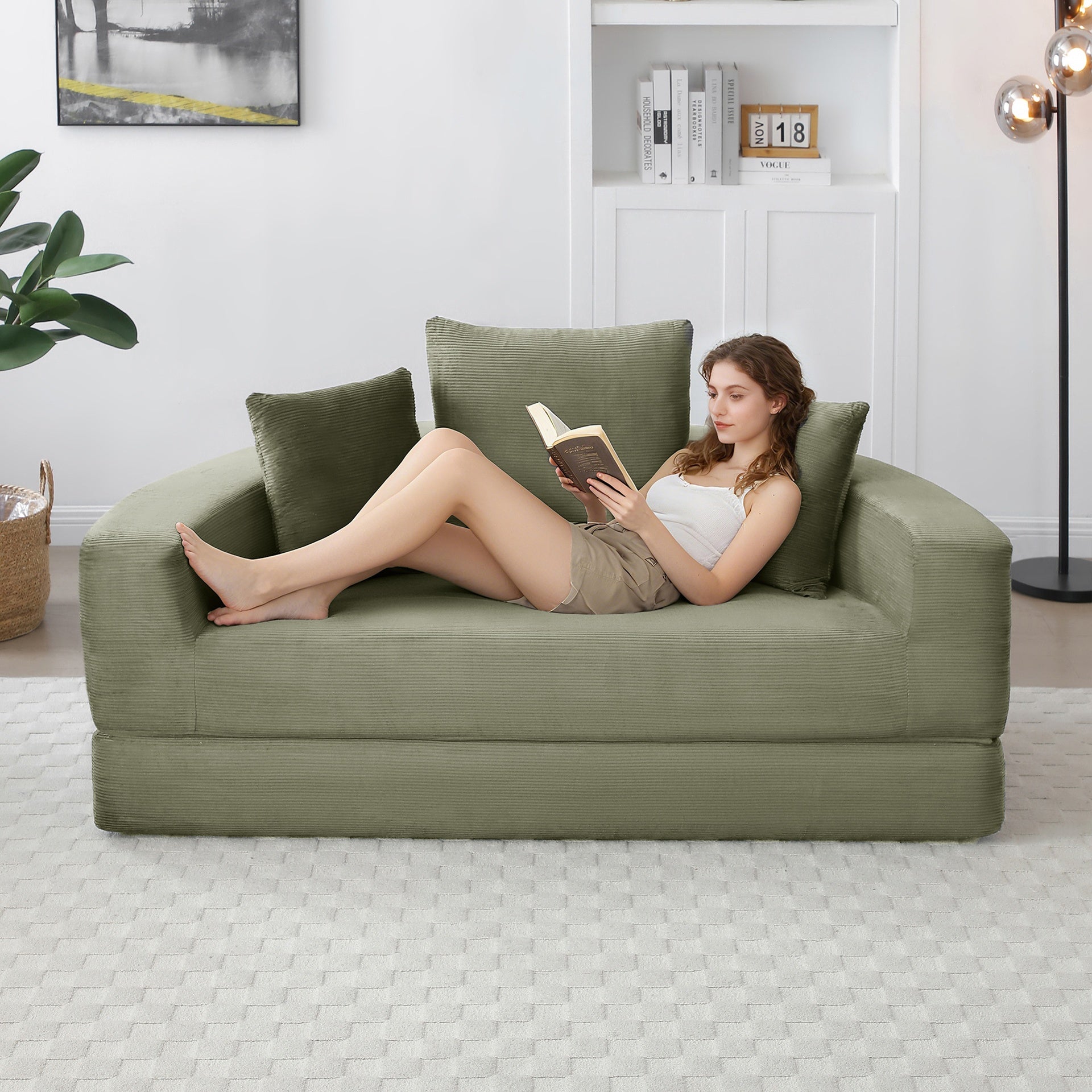 Convertible sofa couch bed,multi-functional,circular bed,adjustable Futon sofa ,No Assembly compressed corduroy floor lounge sofa for Apartment office bedroom living room