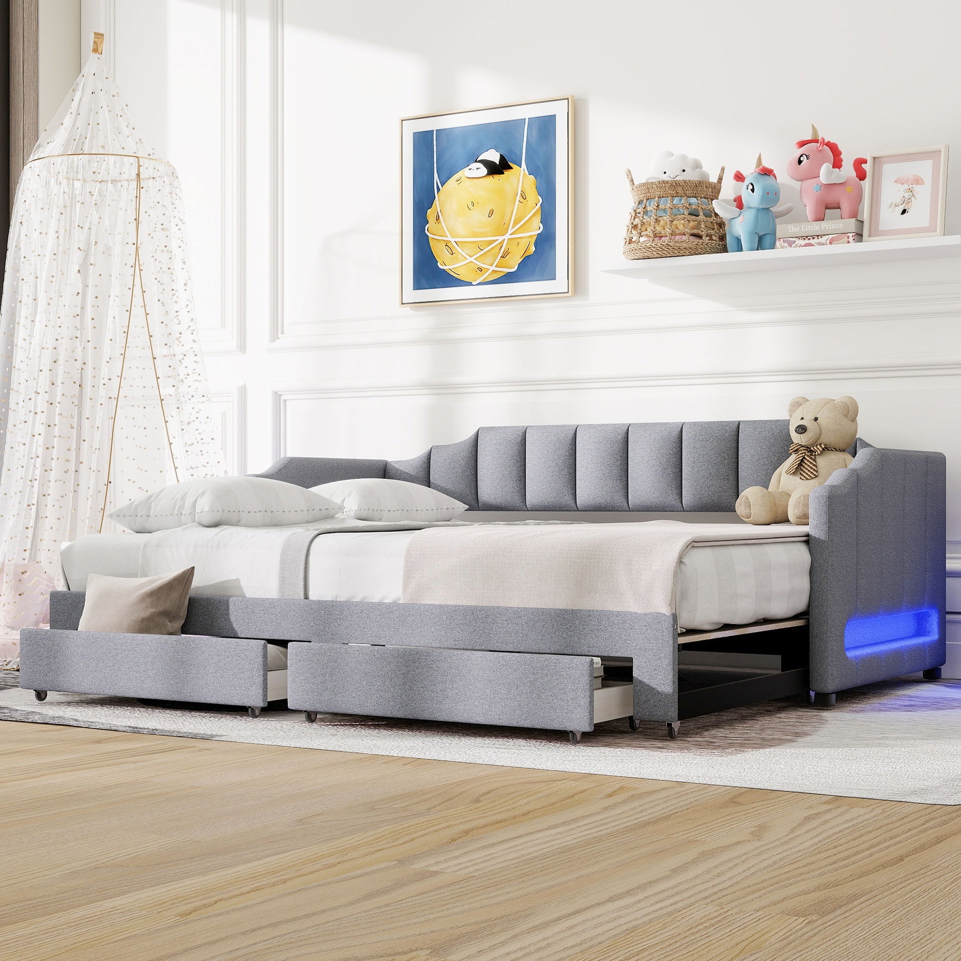 Twin XL Size Extendable Upholstered Daybed with Two Storage Drawers and LED Light,Twin XL to King Daybed,Gray