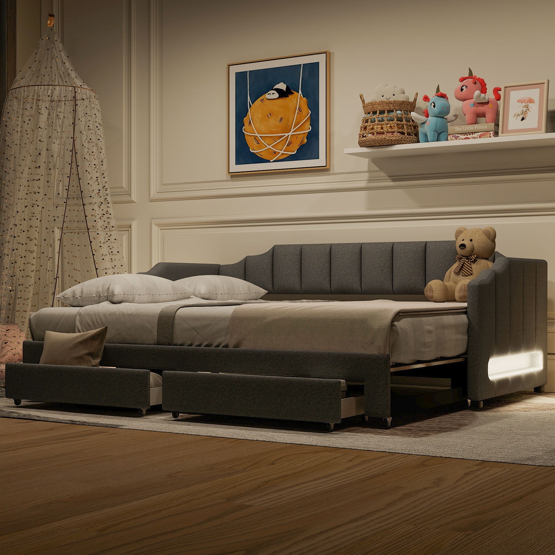 Twin XL Size Extendable Upholstered Daybed with Two Storage Drawers and LED Light,Twin XL to King Daybed,Gray