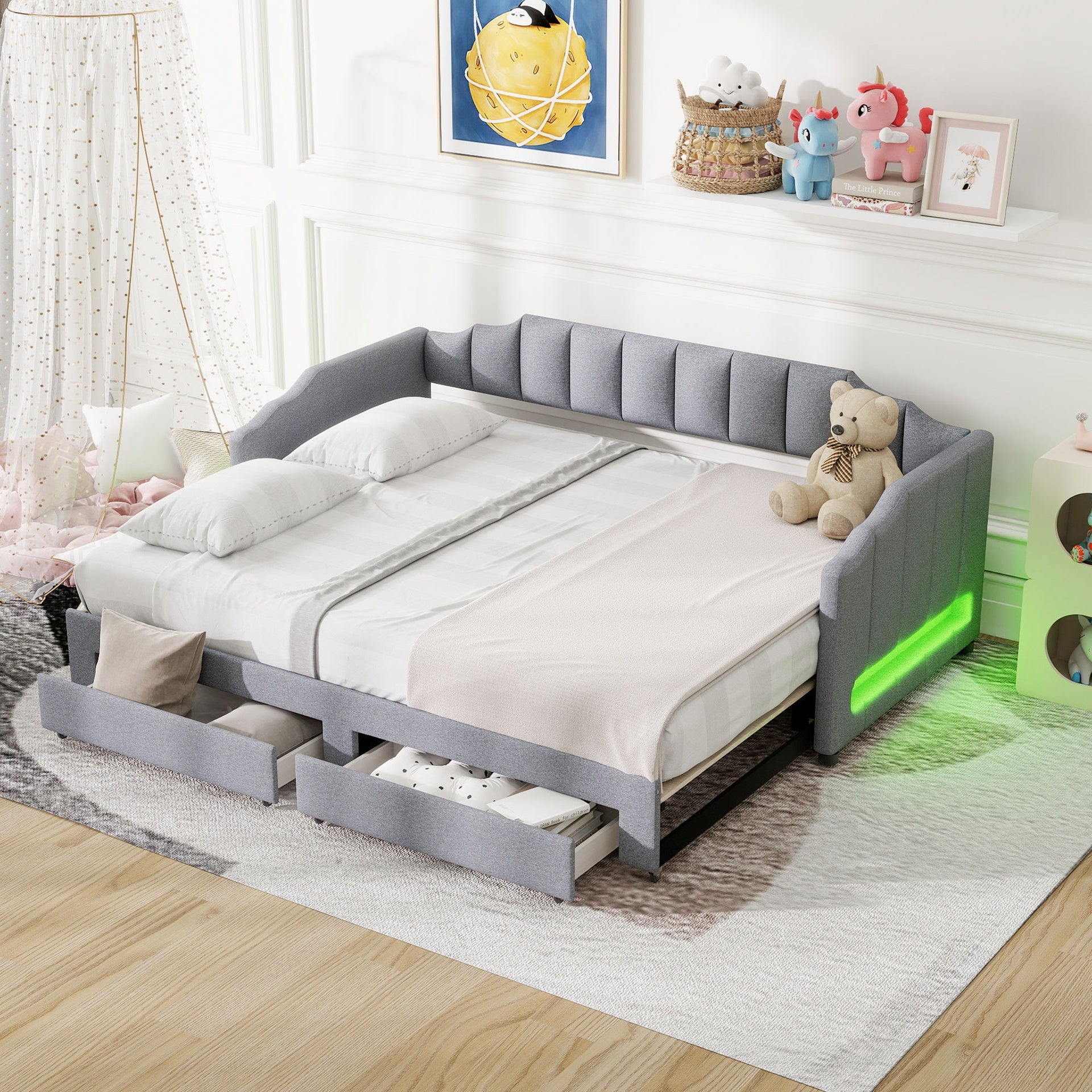 Twin XL Size Extendable Upholstered Daybed with Two Storage Drawers and LED Light,Twin XL to King Daybed,Gray