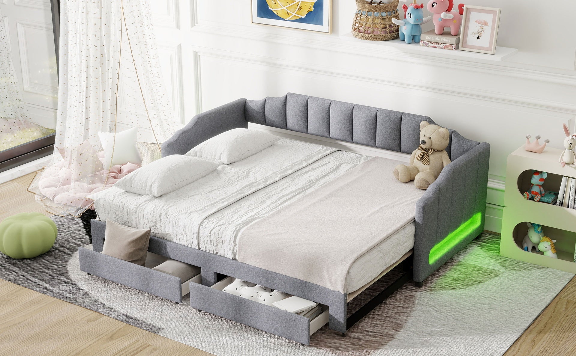 Twin XL Size Extendable Upholstered Daybed with Two Storage Drawers and LED Light,Twin XL to King Daybed,Gray