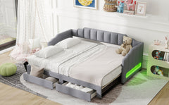 Twin XL Size Extendable Upholstered Daybed with Two Storage Drawers and LED Light,Twin XL to King Daybed,Gray
