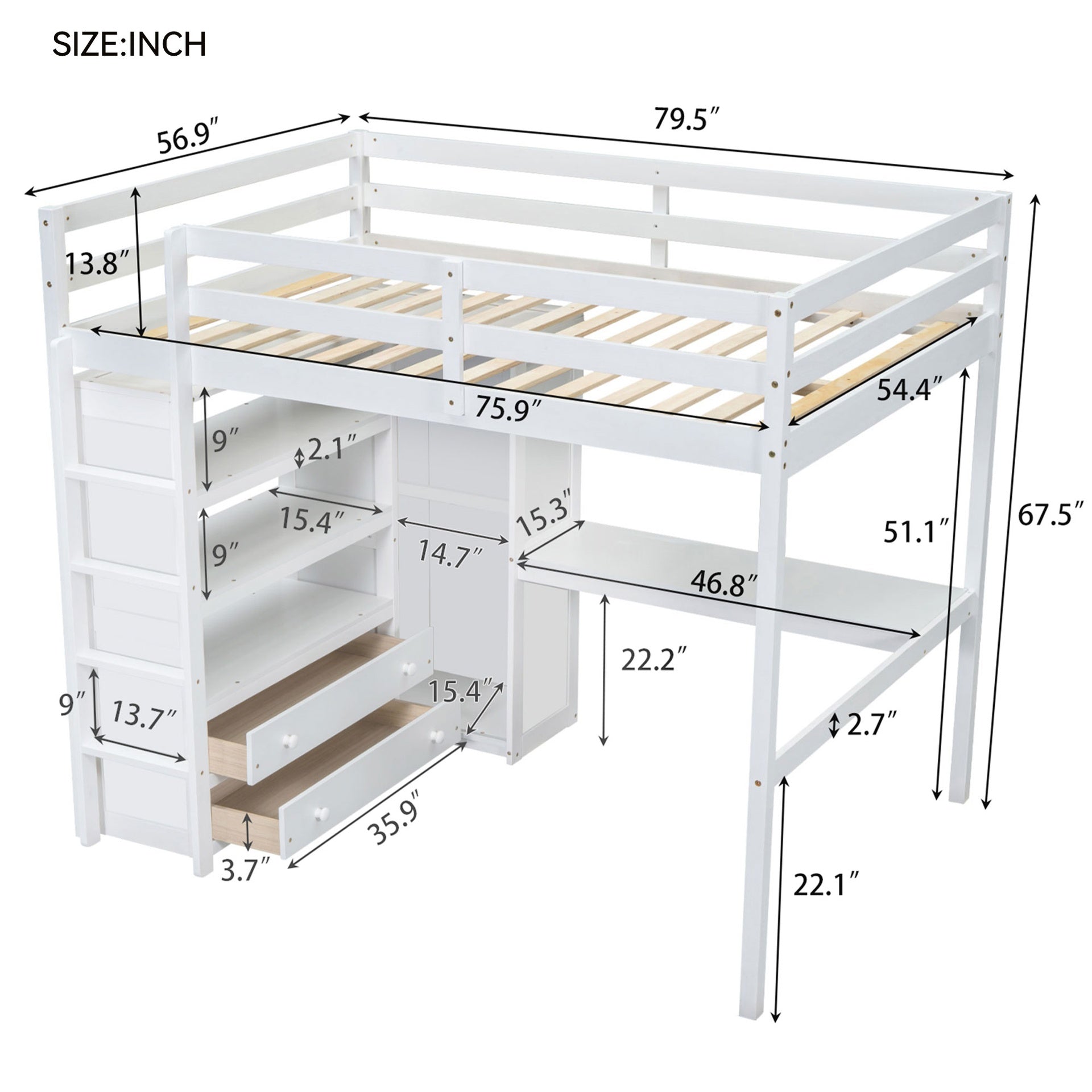 Wood Full Size Loft Bed with Built-in Wardrobe, Desk, Storage Shelves and Drawers, White