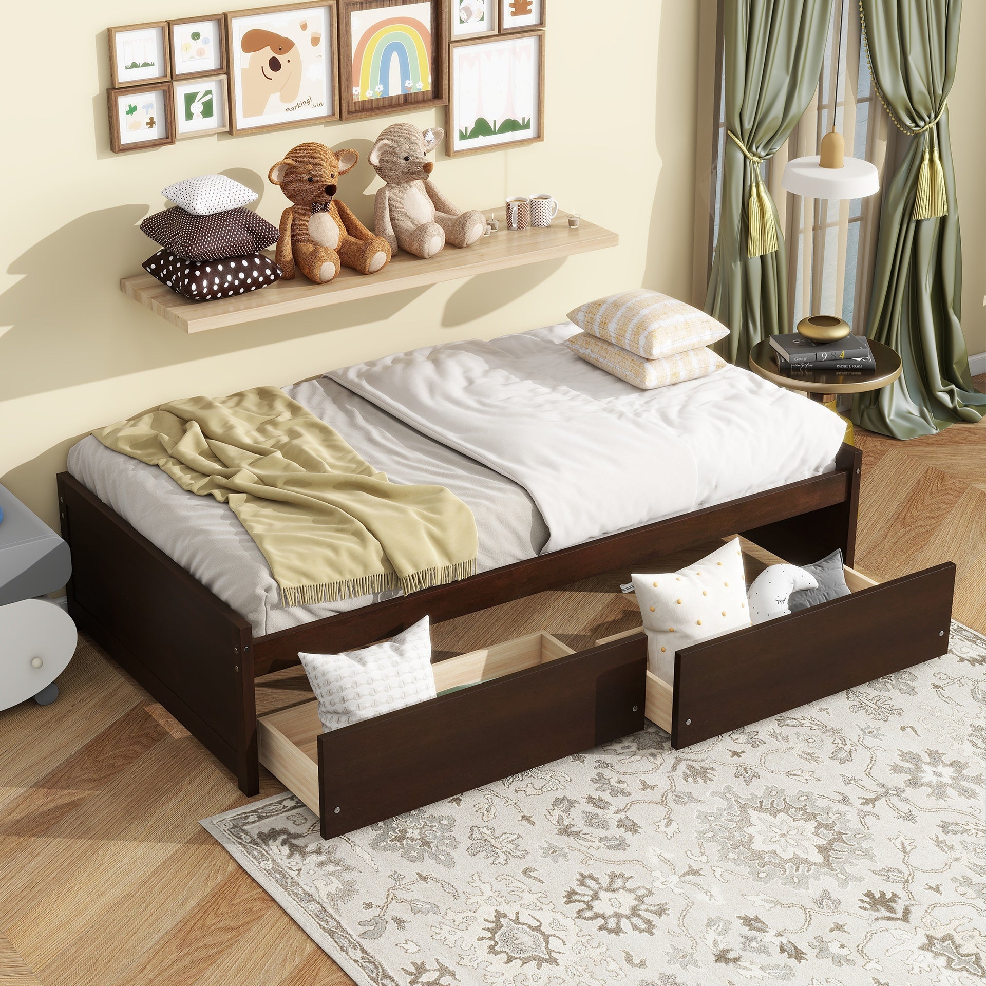 Twin Size Bed with 2 Drawers, Solid Rubber Wood Bed,Espresso