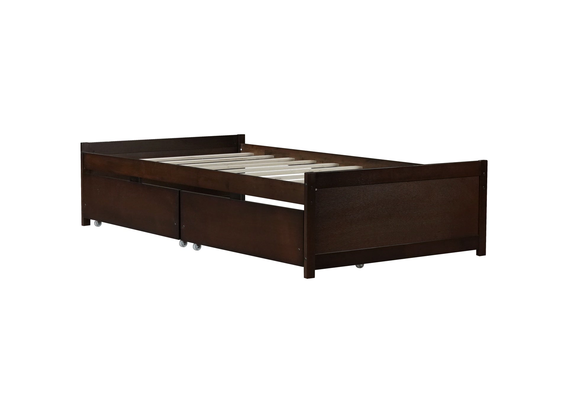 Twin Size Bed with 2 Drawers, Solid Rubber Wood Bed,Espresso