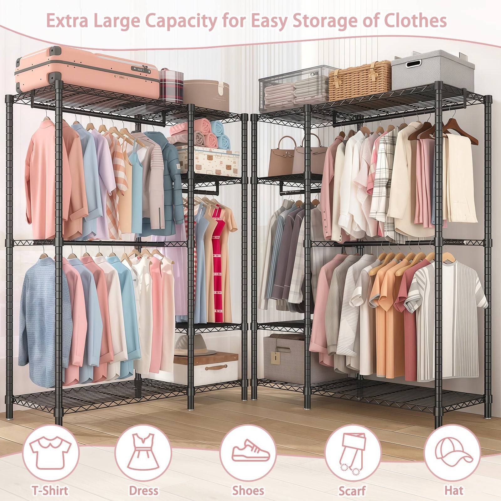 Heavy Duty Clothes Rack, Freestanding Closet Organizer, Portable Metal Clothing Rack, Adjustable Wire Shelving Clothes Rack with 6 Adjustable Wire Shelves and 3 Clothes Rails, Black