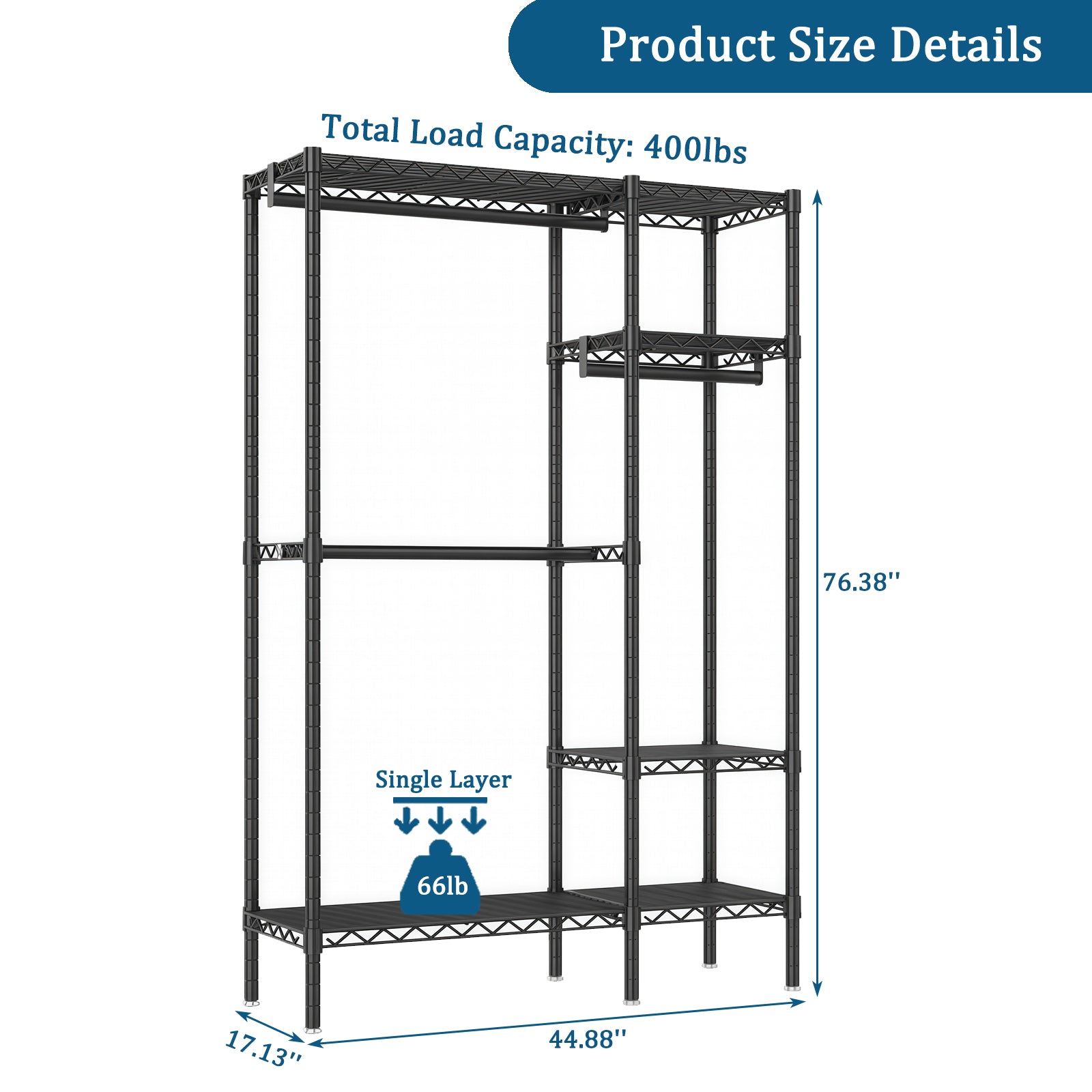 Heavy Duty Clothes Rack, Freestanding Closet Organizer, Portable Metal Clothing Rack, Adjustable Wire Shelving Clothes Rack with 6 Adjustable Wire Shelves and 3 Clothes Rails, Black