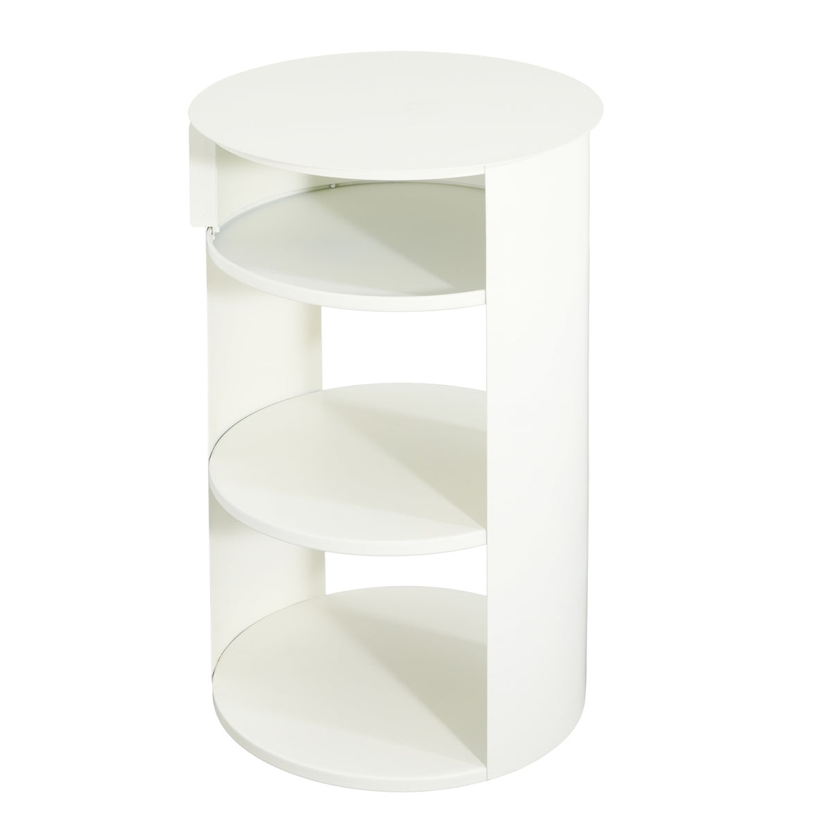 Indoor 3-Tier Metal Round Side Table with Sliding Door Cabinet, Matte White
