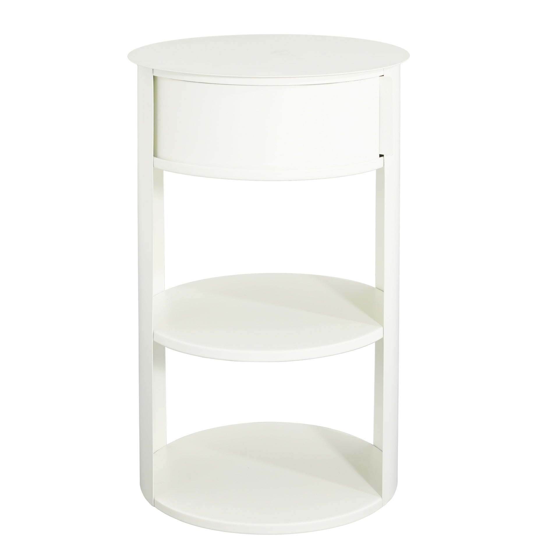 Indoor 3-Tier Metal Round Side Table with Sliding Door Cabinet, Matte White