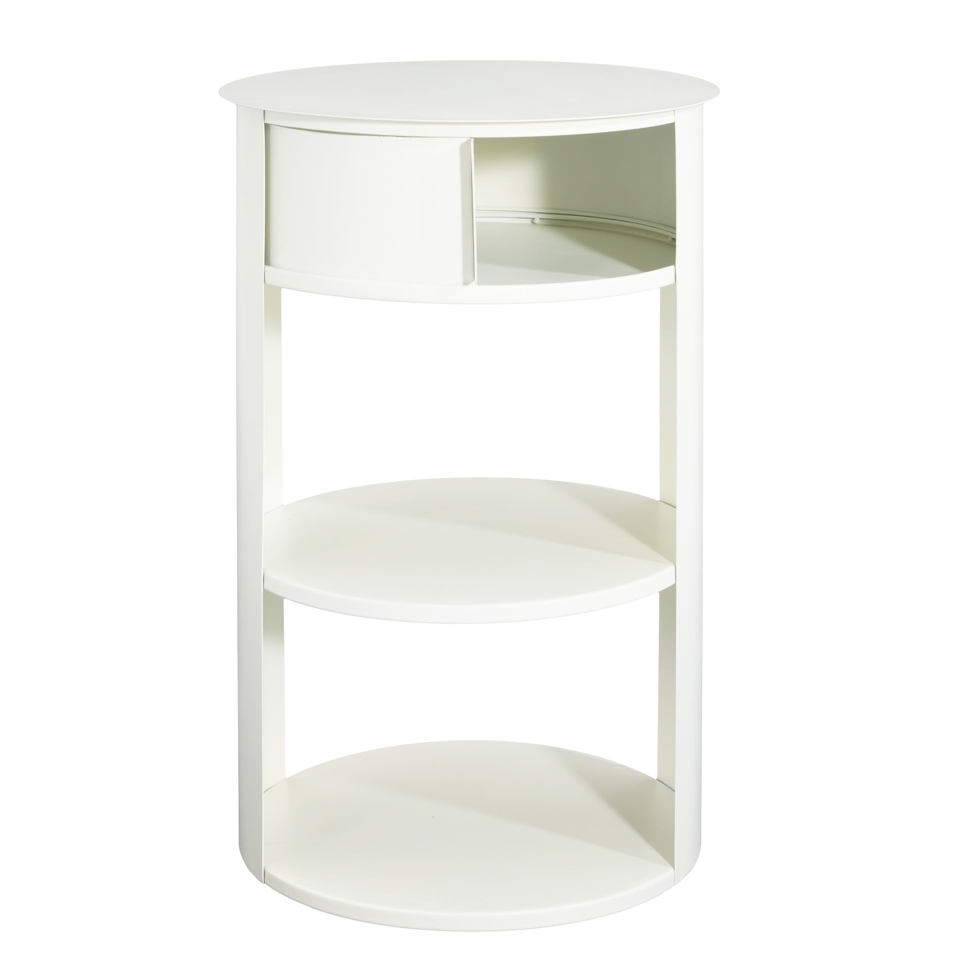 Indoor 3-Tier Metal Round Side Table with Sliding Door Cabinet, Matte White