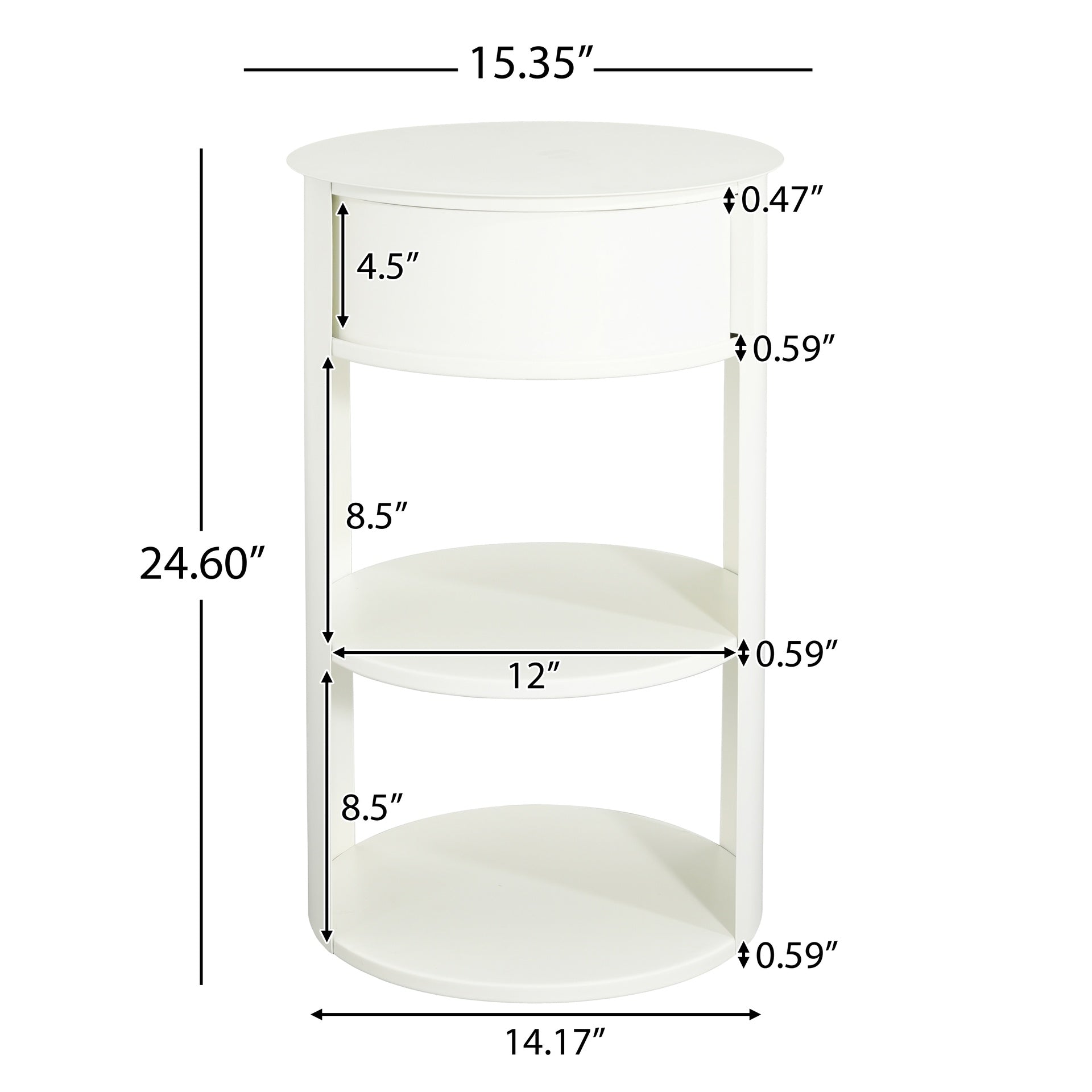 Indoor 3-Tier Metal Round Side Table with Sliding Door Cabinet, Matte White