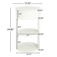 Indoor 3-Tier Metal Round Side Table with Sliding Door Cabinet, Matte White