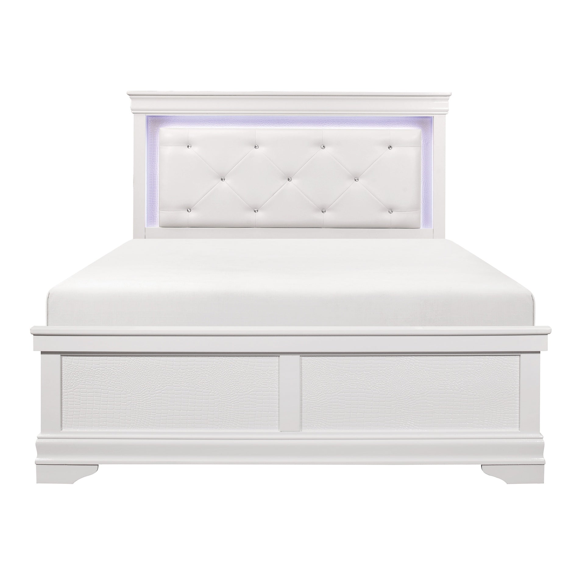 Glam White Finish 1pc Queen Size Bed Upholstered LED Headboard Button-Tufted Alligator Texture Panels Traditional Design Bedroom Furniture