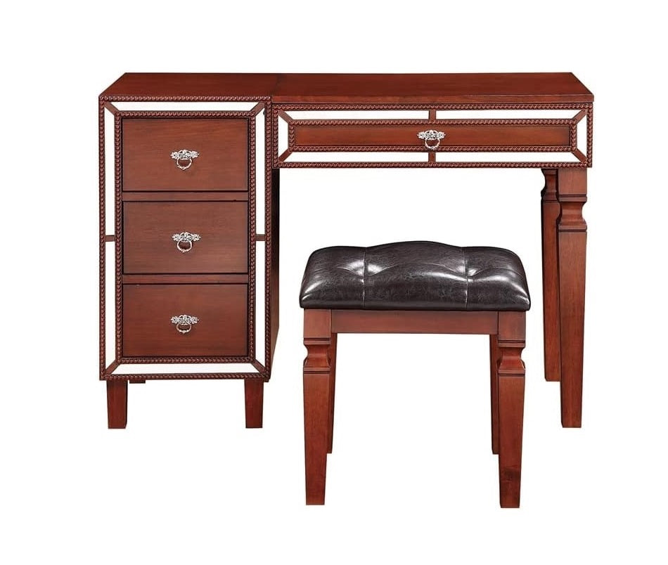 Traditional Formal Cherry Color Vanity Set w Stool Storage Drawers 1pc Bedroom Furniture Set Tufted Seat Stool