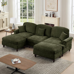Classic Comfy Modular U Shape Sectional Sofa Couch with Flared Arms and Removable Ruffles Pleats Skirts and Spindle Legs, Upholstered Chenille Deep Seat Cloud Sofa with Movable Ottomans,Green