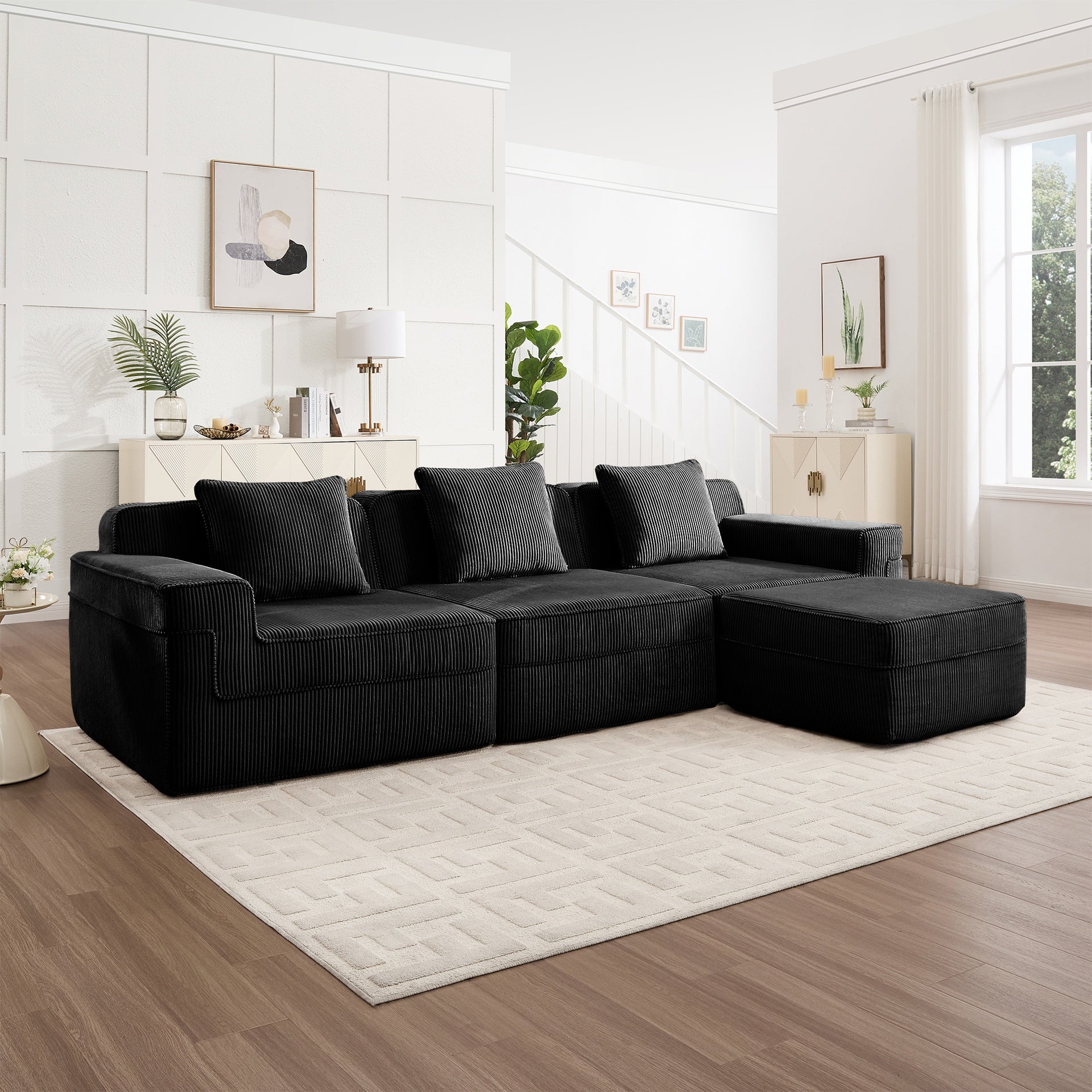 Modular 3 Seat L Shape Sectional Boneless Sofa, Cloud Sectional Couch with Deep Seat, Modern Modular 3-Seat Sofa Couch with Throw Pillows and 1 Movable Ottoman, Corduroy Fabric Black