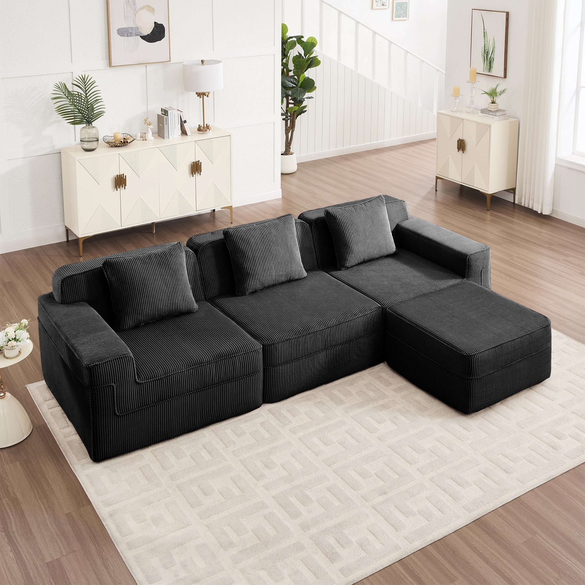 Modular 3 Seat L Shape Sectional Boneless Sofa, Cloud Sectional Couch with Deep Seat, Modern Modular 3-Seat Sofa Couch with Throw Pillows and 1 Movable Ottoman, Corduroy Fabric Black