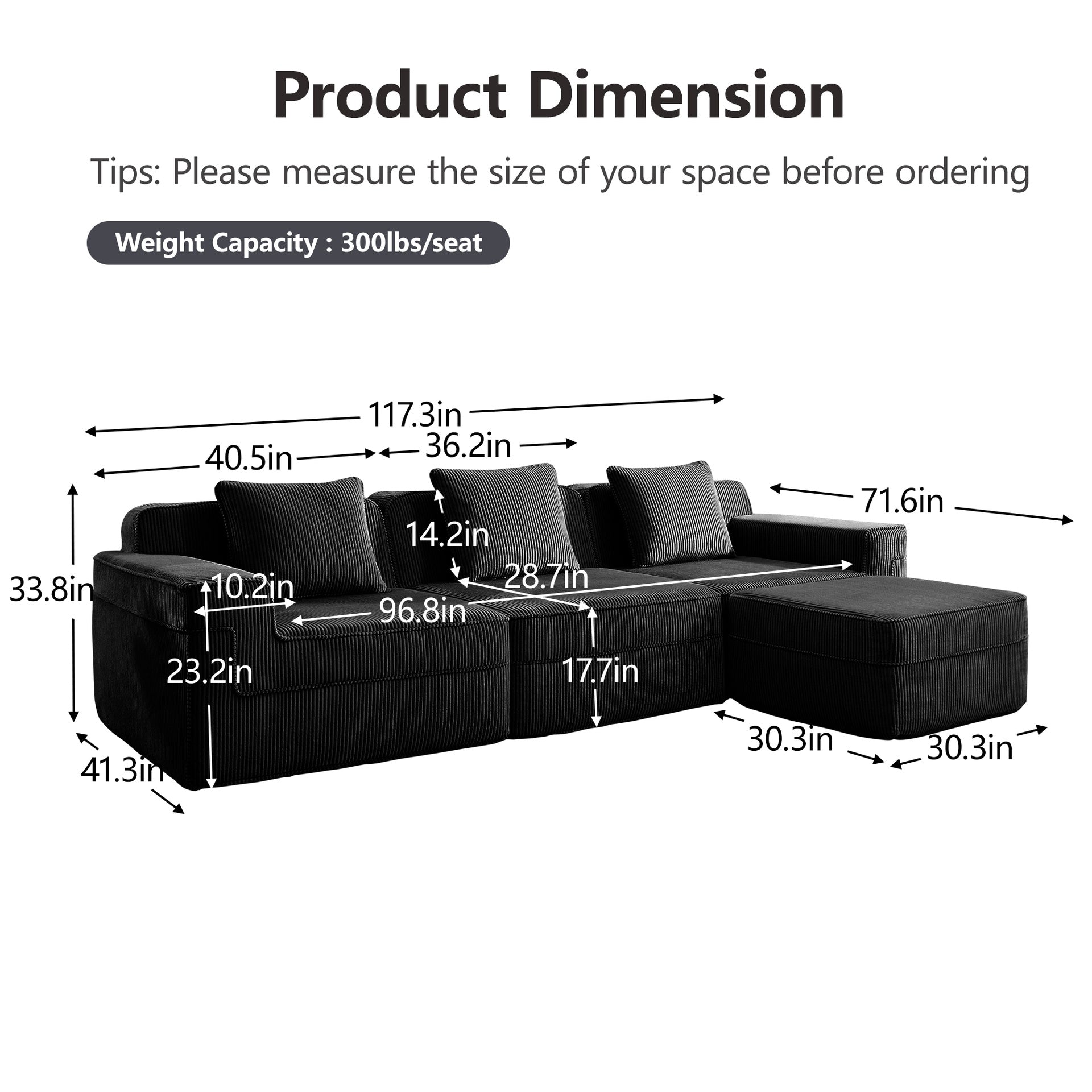 Modular 3 Seat L Shape Sectional Boneless Sofa, Cloud Sectional Couch with Deep Seat, Modern Modular 3-Seat Sofa Couch with Throw Pillows and 1 Movable Ottoman, Corduroy Fabric Black