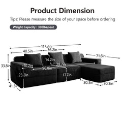 Modular 3 Seat L Shape Sectional Boneless Sofa, Cloud Sectional Couch with Deep Seat, Modern Modular 3-Seat Sofa Couch with Throw Pillows and 1 Movable Ottoman, Corduroy Fabric Black