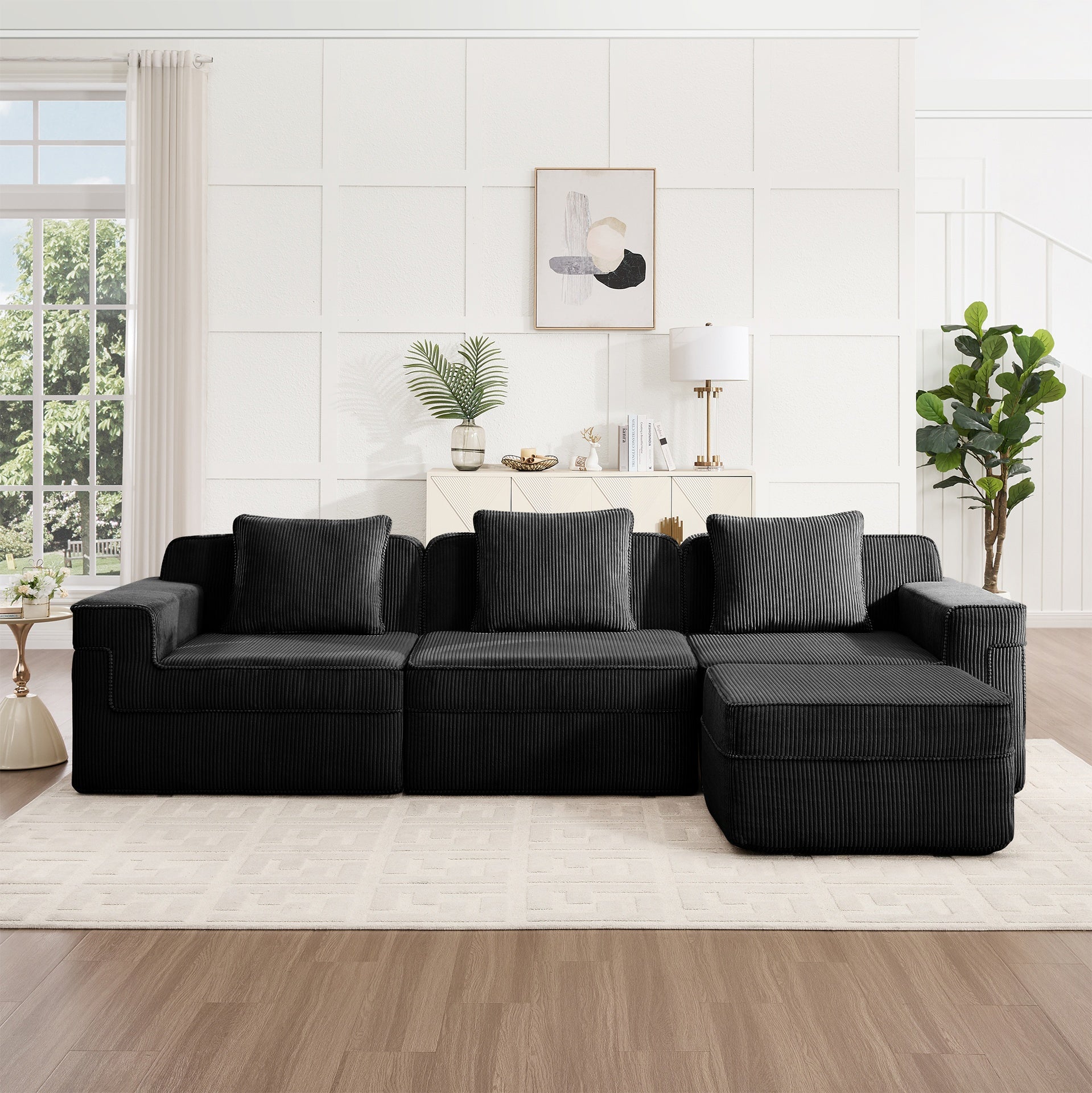 Modular 3 Seat L Shape Sectional Boneless Sofa, Cloud Sectional Couch with Deep Seat, Modern Modular 3-Seat Sofa Couch with Throw Pillows and 1 Movable Ottoman, Corduroy Fabric Black