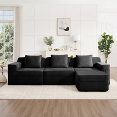 Modular 3 Seat L Shape Sectional Boneless Sofa, Cloud Sectional Couch with Deep Seat, Modern Modular 3-Seat Sofa Couch with Throw Pillows and 1 Movable Ottoman, Corduroy Fabric Black