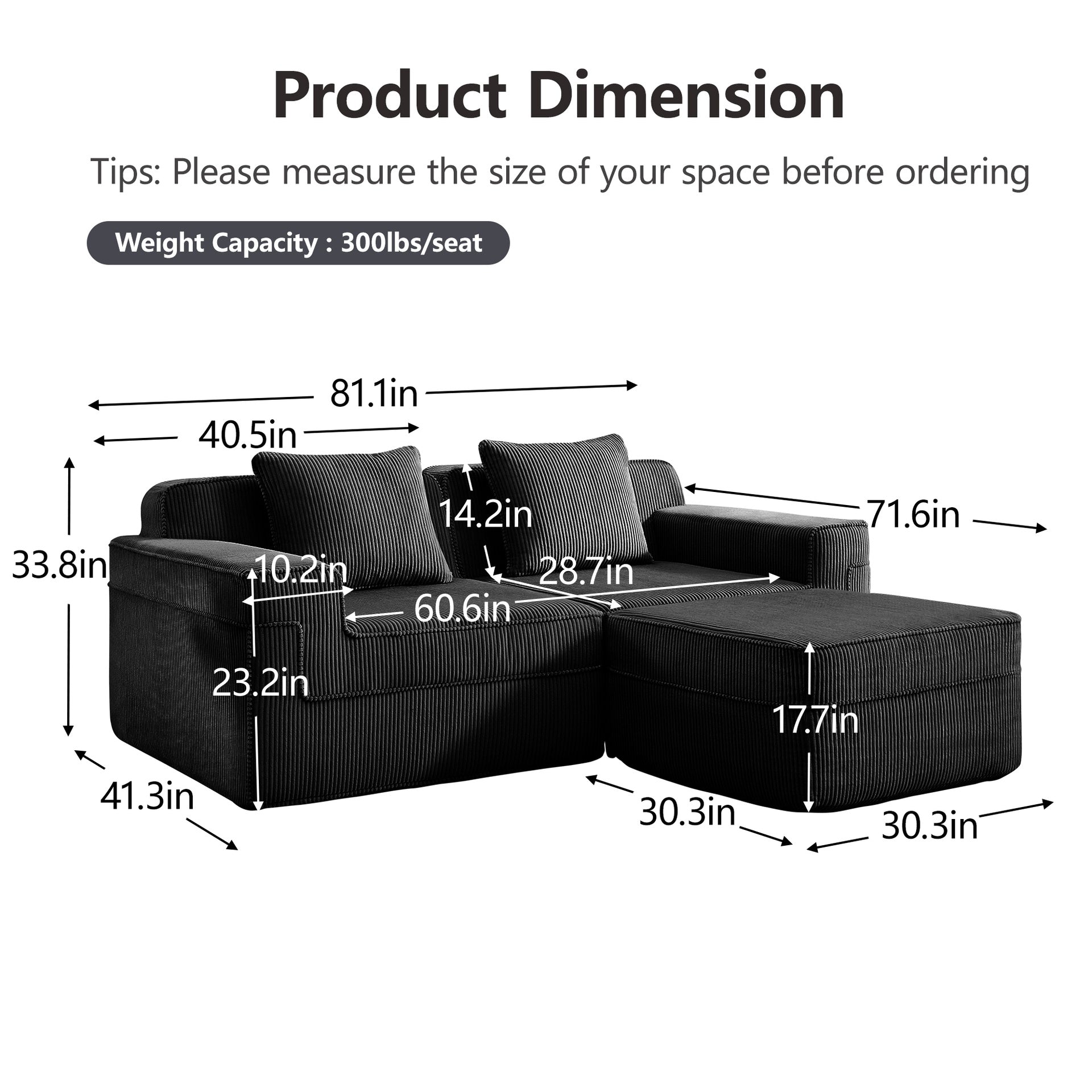 Modular 2 Seat L Shape Sectional Boneless Sofa, Cloud Sectional Couch with Deep Seat, Modern Modular 2-Seat Sofa Couch with Throw Pillows and 1 Movable Ottoman, Corduroy Fabric Black