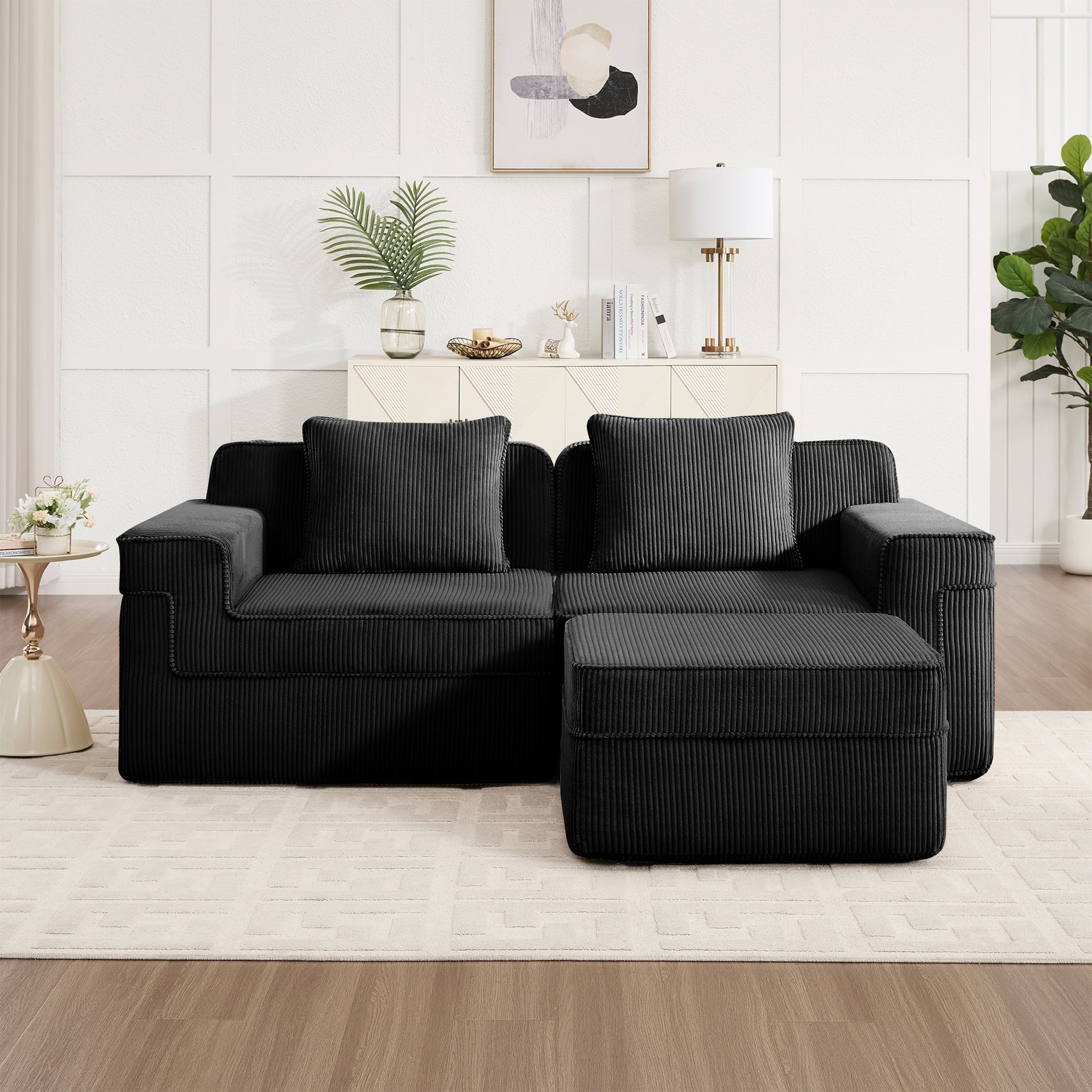 Modular 2 Seat L Shape Sectional Boneless Sofa, Cloud Sectional Couch with Deep Seat, Modern Modular 2-Seat Sofa Couch with Throw Pillows and 1 Movable Ottoman, Corduroy Fabric Black