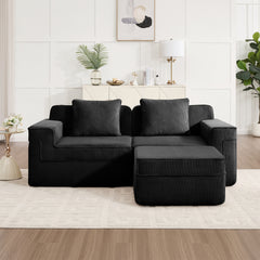 Modular 2 Seat L Shape Sectional Boneless Sofa, Cloud Sectional Couch with Deep Seat, Modern Modular 2-Seat Sofa Couch with Throw Pillows and 1 Movable Ottoman, Corduroy Fabric Black