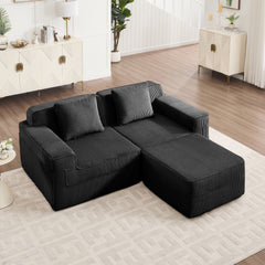 Modular 2 Seat L Shape Sectional Boneless Sofa, Cloud Sectional Couch with Deep Seat, Modern Modular 2-Seat Sofa Couch with Throw Pillows and 1 Movable Ottoman, Corduroy Fabric Black