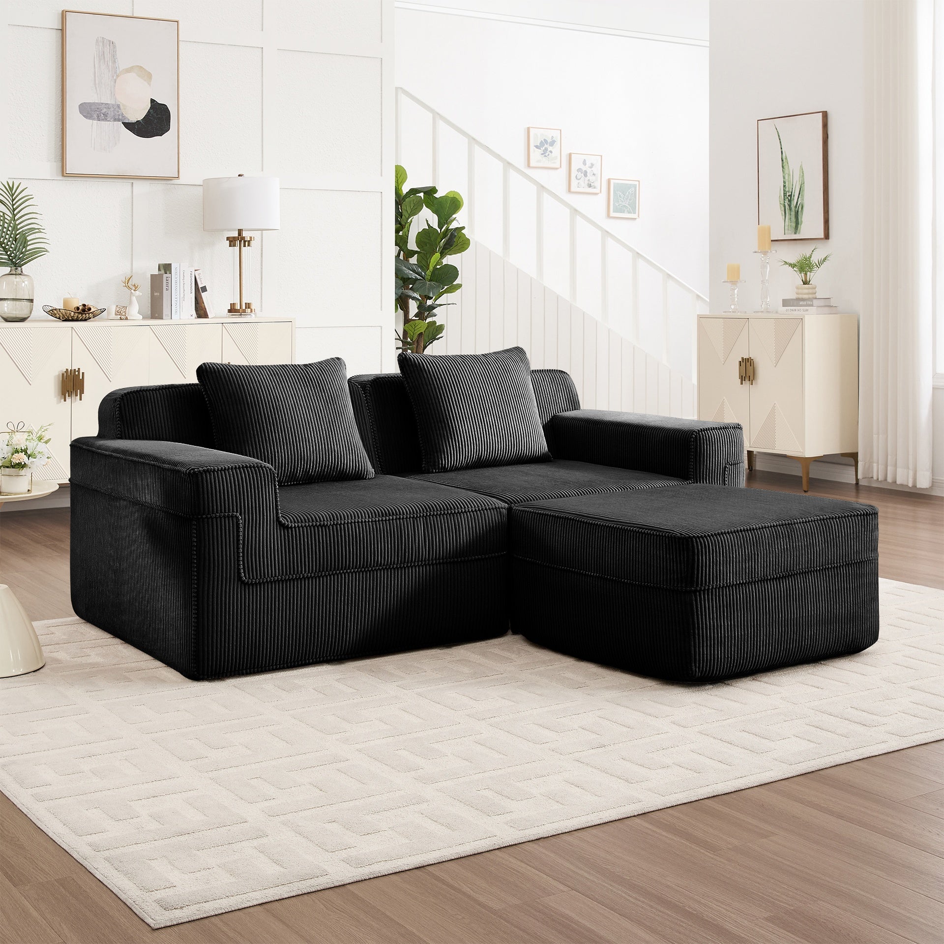 Modular 2 Seat L Shape Sectional Boneless Sofa, Cloud Sectional Couch with Deep Seat, Modern Modular 2-Seat Sofa Couch with Throw Pillows and 1 Movable Ottoman, Corduroy Fabric Black