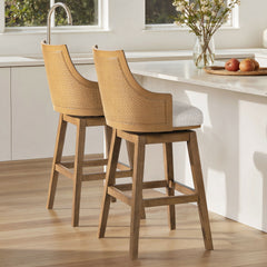 Bahama 30" Cane Rattan High-Back Swivel Bar Stool with Recessed Arms, Two-Tone Neutral Gray Polyester Wool Blend