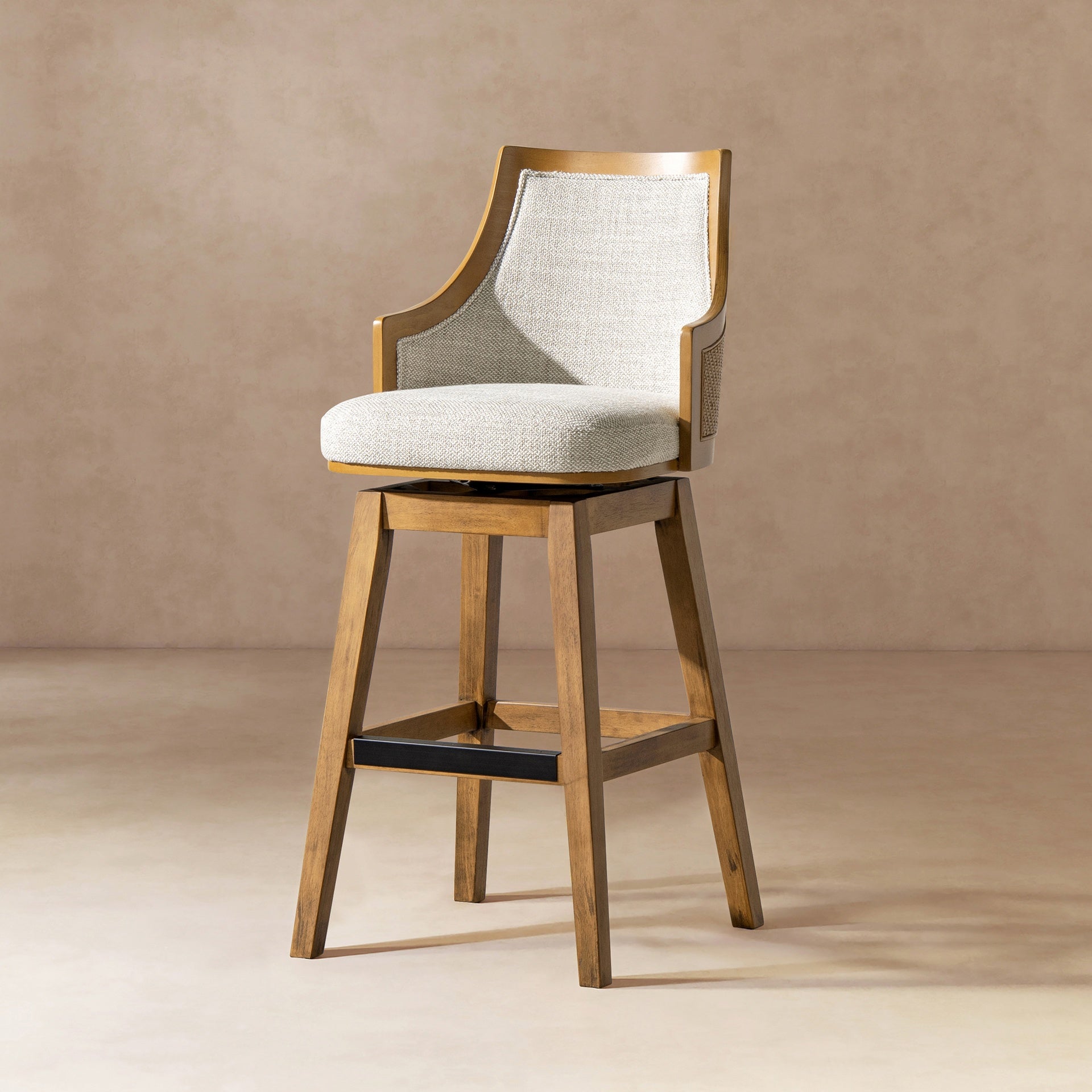 Bahama 30" Cane Rattan High-Back Swivel Bar Stool with Recessed Arms, Two-Tone Neutral Gray Polyester Wool Blend