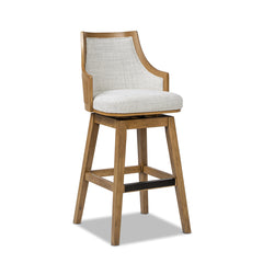 Bahama 30" Cane Rattan High-Back Swivel Bar Stool with Recessed Arms, Two-Tone Neutral Gray Polyester Wool Blend