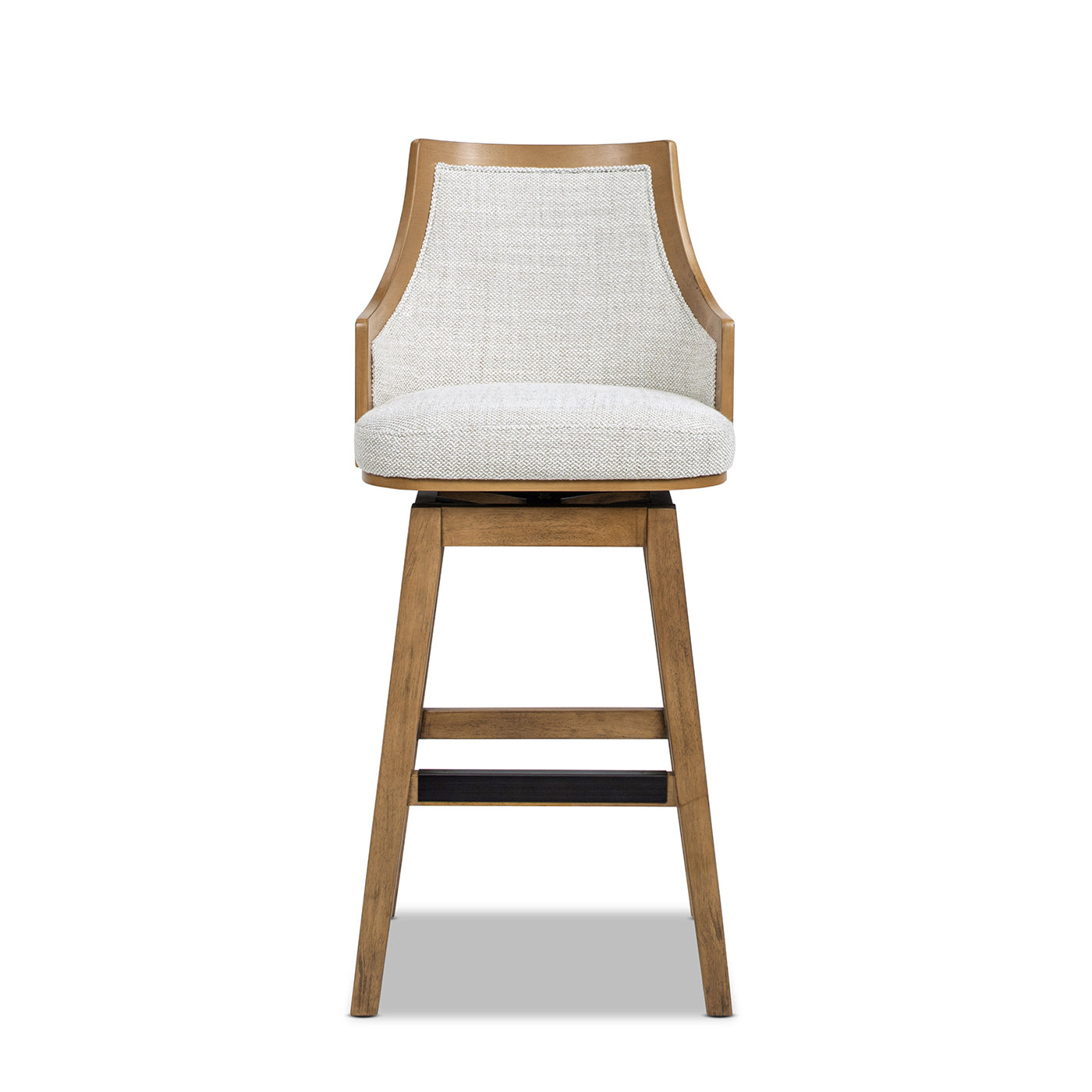 Bahama 30" Cane Rattan High-Back Swivel Bar Stool with Recessed Arms, Two-Tone Neutral Gray Polyester Wool Blend